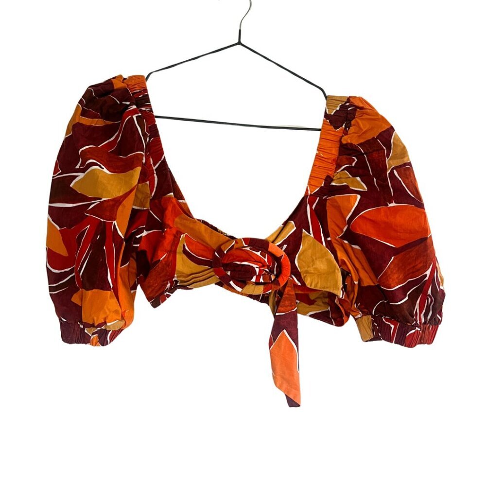 Zara Orange Short Puff Sleeve Tropical Vacation Floral Crop Top Blouse - Picture 2 of 7